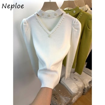 Neploe Джърси Mujer Pull Femme Есен Зима V деколте Халтер Beading Едноцветни джъмпери с дълъг ръкав Плетен пуловер пуловер Y2k