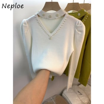 Neploe Джърси Mujer Pull Femme Есен Зима V деколте Халтер Beading Едноцветни джъмпери с дълъг ръкав Плетен пуловер пуловер Y2k