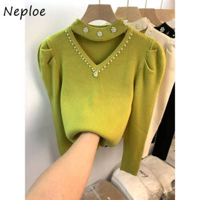 Neploe Jersey Mujer Pull Femme Sügistalvine V kaelarihm Pärlid ühevärvilised pikkade varrukatega džemprid Kootud Pullover Sviiter Y2k