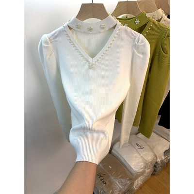 Neploe Jersey Mujer Pull Femme Φθινόπωρο Χειμώνας V Καπίστρι λαιμού με χάντρες μονόχρωμο μακρυμάνικο πουλόβερ πλεκτό πουλόβερ Y2k