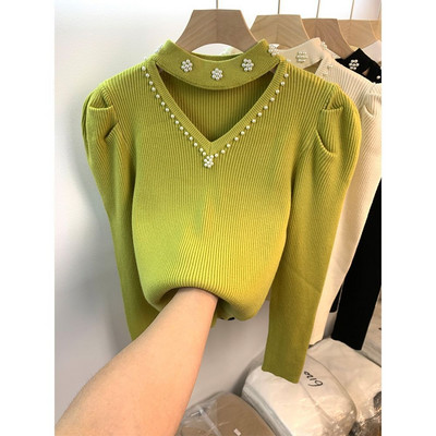 Neploe Jersey Mujer Pull Femme Φθινόπωρο Χειμώνας V Καπίστρι λαιμού με χάντρες μονόχρωμο μακρυμάνικο πουλόβερ πλεκτό πουλόβερ Y2k