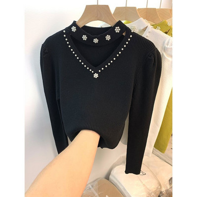 Neploe Jersey Mujer Pull Femme Φθινόπωρο Χειμώνας V Καπίστρι λαιμού με χάντρες μονόχρωμο μακρυμάνικο πουλόβερ πλεκτό πουλόβερ Y2k