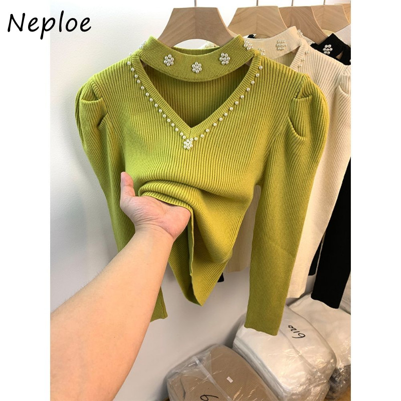 Neploe Jersey Mujer Pull Femme Φθινόπωρο Χειμώνας V Καπίστρι λαιμού με χάντρες μονόχρωμο μακρυμάνικο πουλόβερ πλεκτό πουλόβερ Y2k