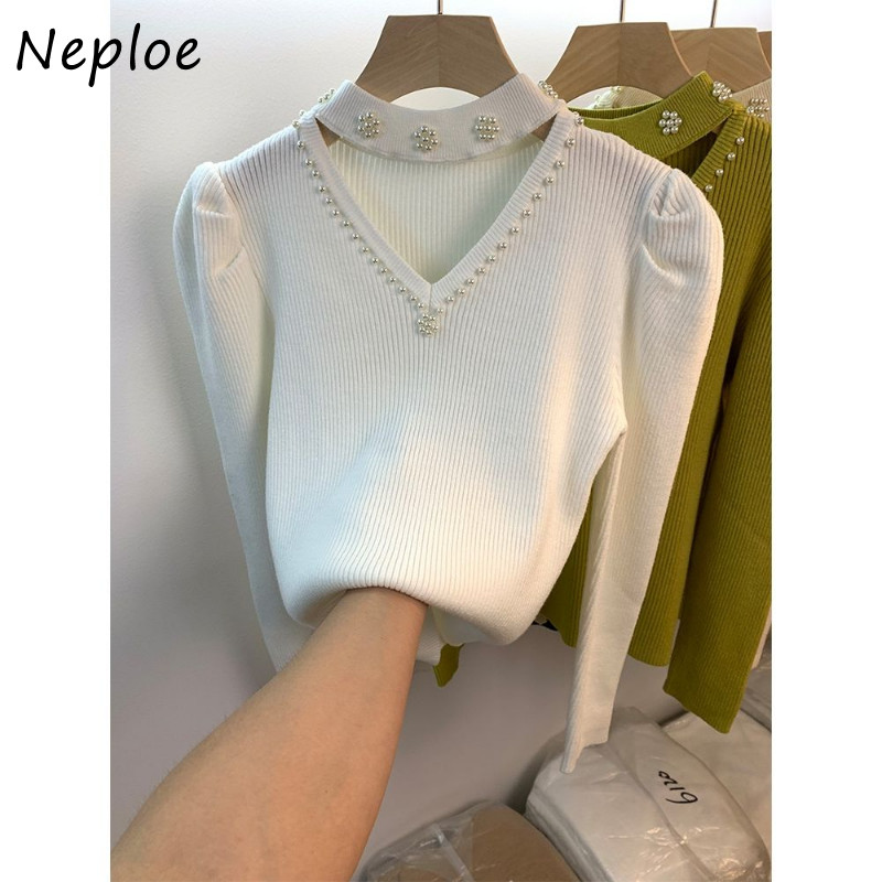 Neploe Jersey Mujer Pull Femme Φθινόπωρο Χειμώνας V Καπίστρι λαιμού με χάντρες μονόχρωμο μακρυμάνικο πουλόβερ πλεκτό πουλόβερ Y2k
