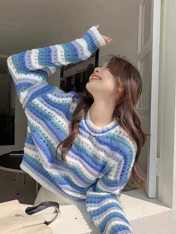 Zoki pehmed õõnsad naiste pulloverid Sweet Preppy stiilis triibulised kootud kampsunid Korea moe pikkade varrukatega naiste džemprid Uus