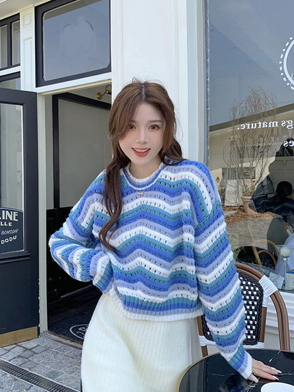 Zoki pehmed õõnsad naiste pulloverid Sweet Preppy stiilis triibulised kootud kampsunid Korea moe pikkade varrukatega naiste džemprid Uus