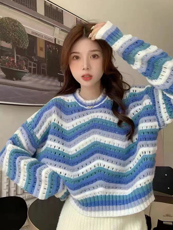 Zoki pehmed õõnsad naiste pulloverid Sweet Preppy stiilis triibulised kootud kampsunid Korea moe pikkade varrukatega naiste džemprid Uus