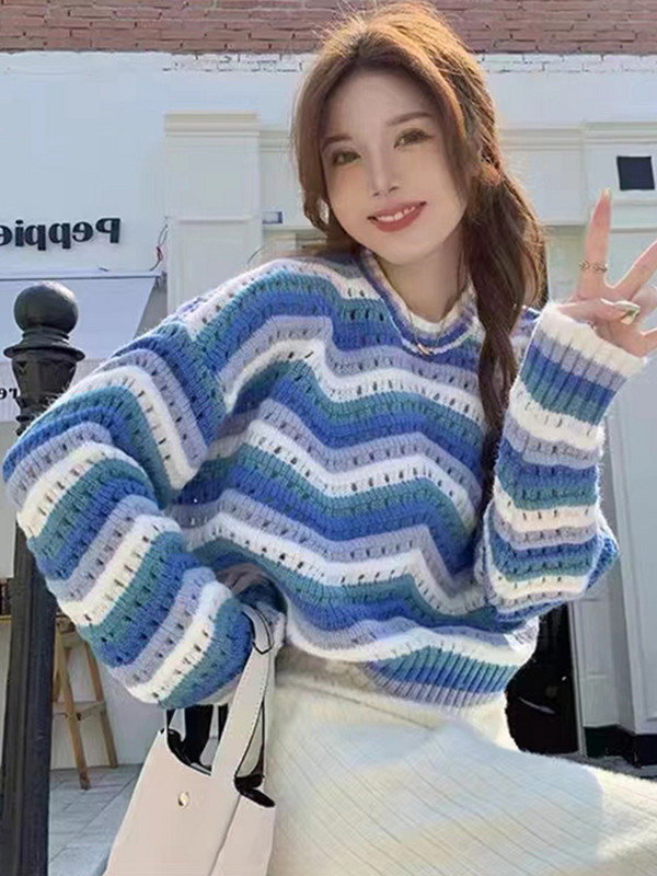 Zoki pehmed õõnsad naiste pulloverid Sweet Preppy stiilis triibulised kootud kampsunid Korea moe pikkade varrukatega naiste džemprid Uus