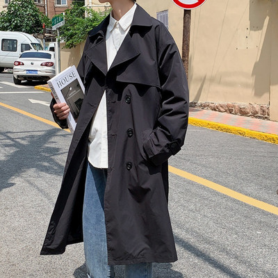 Korea moe kevadmantel Meeste Briti stiilis vabaaja tugev tuulejope vööga lahtine pikk tuulemantel Streetwear mantel