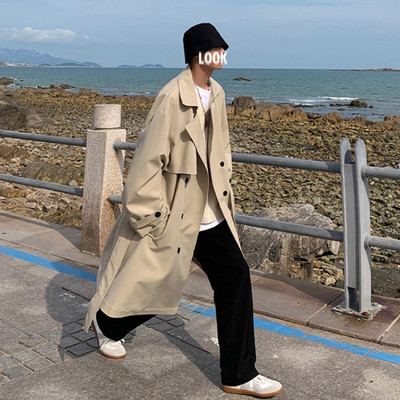 Korea moe kevadmantel Meeste Briti stiilis vabaaja tugev tuulejope vööga lahtine pikk tuulemantel Streetwear mantel