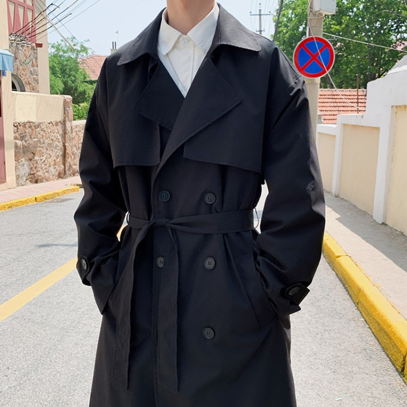 Korea moe kevadmantel Meeste Briti stiilis vabaaja tugev tuulejope vööga lahtine pikk tuulemantel Streetwear mantel