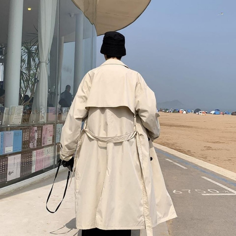 Korea moe kevadmantel Meeste Briti stiilis vabaaja tugev tuulejope vööga lahtine pikk tuulemantel Streetwear mantel