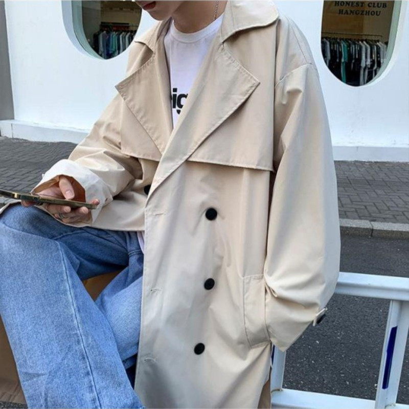 Korea moe kevadmantel Meeste Briti stiilis vabaaja tugev tuulejope vööga lahtine pikk tuulemantel Streetwear mantel