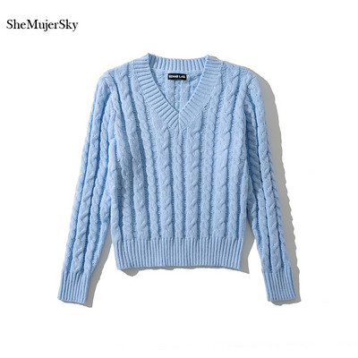 SheMujerSky Ženski ukršteni pleteni džemperi 2021. Elastični jednobojni puloveri dugih rukava Jesen Zima