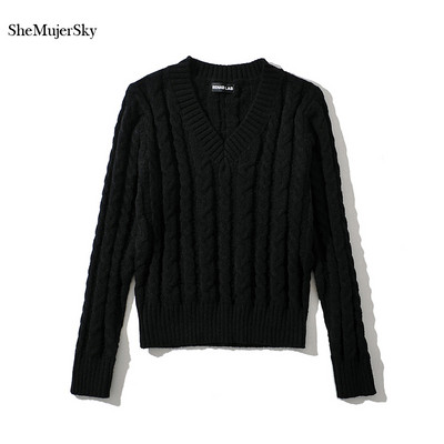 SheMujerSky Ženski ukršteni pleteni džemperi 2021. Elastični jednobojni puloveri dugih rukava Jesen Zima