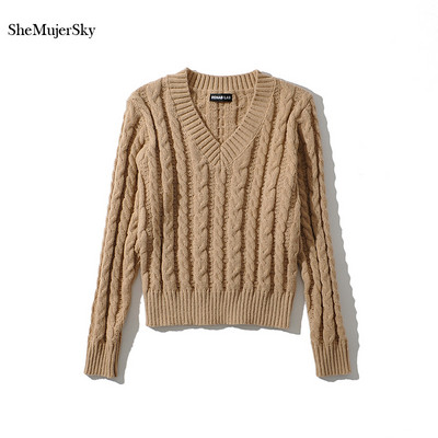 SheMujerSky Ženski ukršteni pleteni džemperi 2021. Elastični jednobojni puloveri dugih rukava Jesen Zima