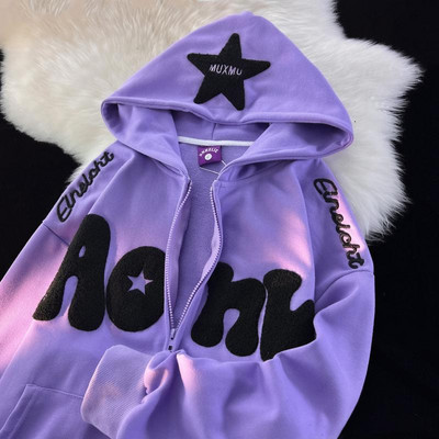 Naiste tikitud kapuutsid Sügisvintage Harajuku pikkade varrukatega ülisuured kapuutsiga jakid Naiste vabaaja lapilised lukuga dressipluusid