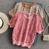 2023. aasta suvi, uus stiil Hongkongi stiilis retro šikk mood, lahtine metsik leopardimustriline pehme lühikeste varrukatega kampsun, lühike naiste top Tre