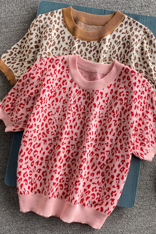 2023. aasta suvi, uus stiil Hongkongi stiilis retro šikk mood, lahtine metsik leopardimustriline pehme lühikeste varrukatega kampsun, lühike naiste top Tre