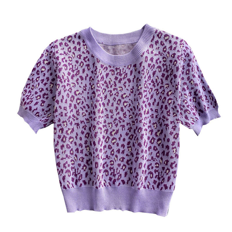 2023. aasta suvi, uus stiil Hongkongi stiilis retro šikk mood, lahtine metsik leopardimustriline pehme lühikeste varrukatega kampsun, lühike naiste top Tre