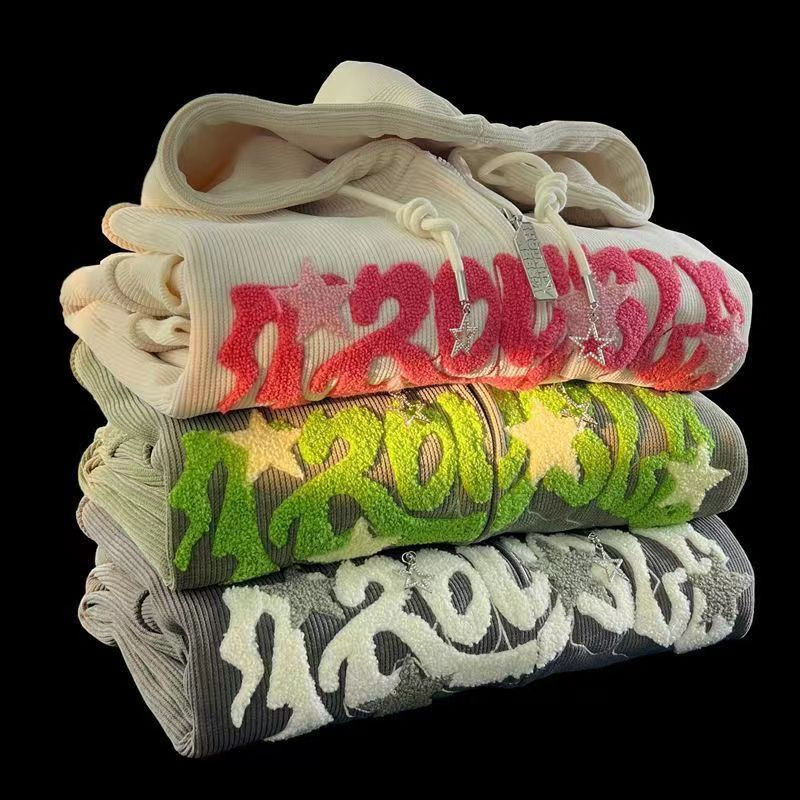 Ženske majice s kapuljačom s vezom i slovom, muške majice s dugim rukavima i patentnim zatvaračem, široke majice s kapuljačom, jesen, zima, retro džepna prevelika jakna, kaputi