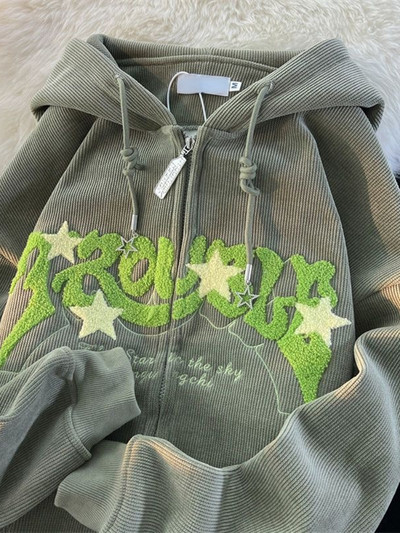 Harajuku Zip Up Hoodies Γυναικεία casual Vintage Star Patchwork Κέντημα Μακρυμάνικο Υπερμεγέθη παλτό μπουφάν Y2k Φούτερ με κουκούλα