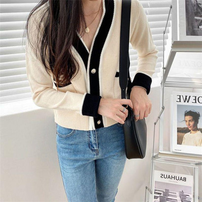 Φαρδιά κοντομάνικο πουλόβερ με λαιμόκοψη V μονόστηθος 2022 Νέα άνοιξη και φθινόπωρο πλέξιμο γυναικεία ζακέτα