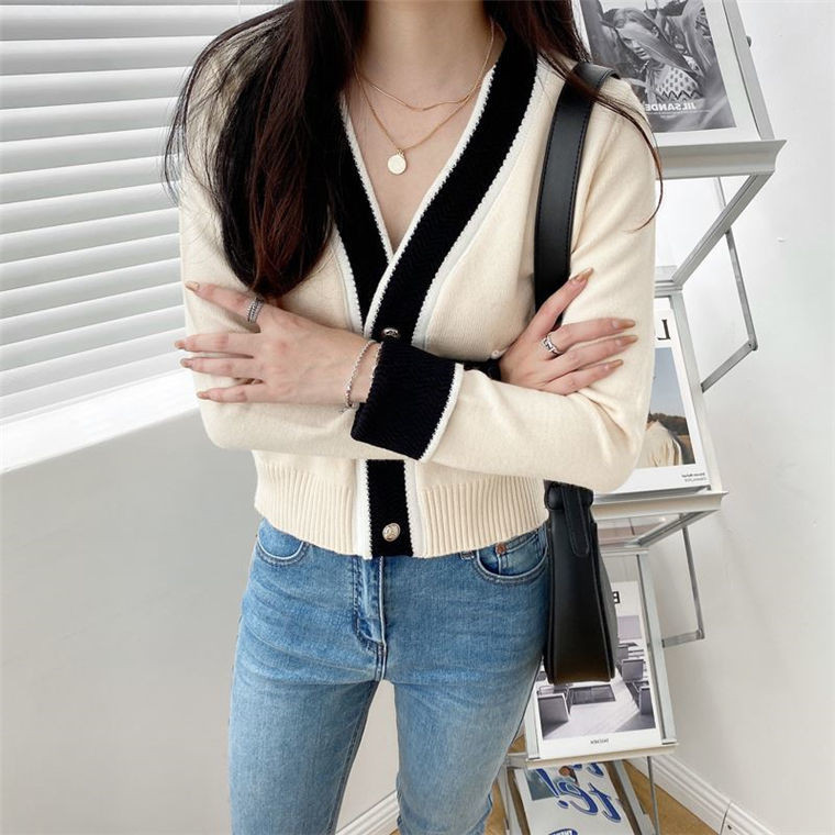 Φαρδιά κοντομάνικο πουλόβερ με λαιμόκοψη V μονόστηθος 2022 Νέα άνοιξη και φθινόπωρο πλέξιμο γυναικεία ζακέτα