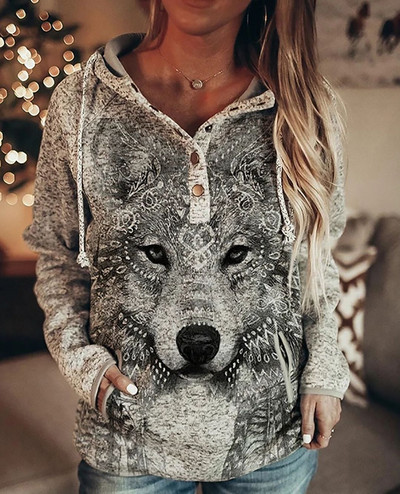 Wolf Hoodie Γυναικεία μόδα Oversized Hoodies Vintage Φούτερ Κοριτσίστικα Παλτό Γυναικεία Φούτερ Παλτό με κουκούλα πουλόβερ Κουκουβάγια αθλητική φόρμα φθινοπώρου