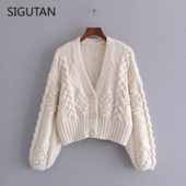 Γυναικεία 2022 Fashion Pompom Απλικέ Cropped πλεκτή ζακέτα πουλόβερ Vintage μακρυμάνικο γυναικεία πανωφόρια κομψά μπλουζάκια