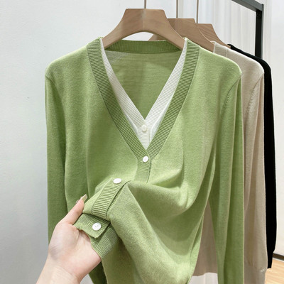 Proljeće jesen Lažni dvodijelni vintage patchwork pleteni kaput Ženski ležerni modni sveobuhvatni kardigan pulover Ženski gornji dio s gumbima