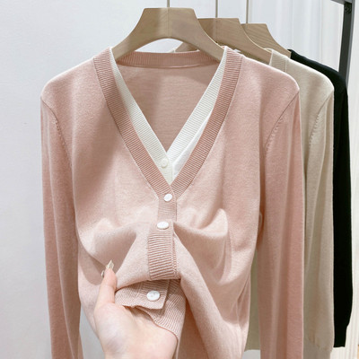 Proljeće jesen Lažni dvodijelni vintage patchwork pleteni kaput Ženski ležerni modni sveobuhvatni kardigan pulover Ženski gornji dio s gumbima