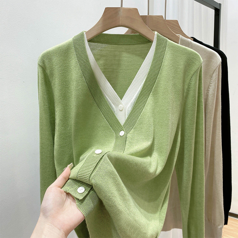 Proljeće jesen Lažni dvodijelni vintage patchwork pleteni kaput Ženski ležerni modni sveobuhvatni kardigan pulover Ženski gornji dio s gumbima