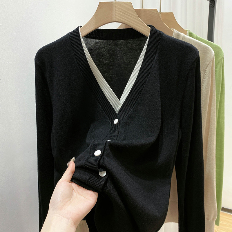 Proljeće jesen Lažni dvodijelni vintage patchwork pleteni kaput Ženski ležerni modni sveobuhvatni kardigan pulover Ženski gornji dio s gumbima