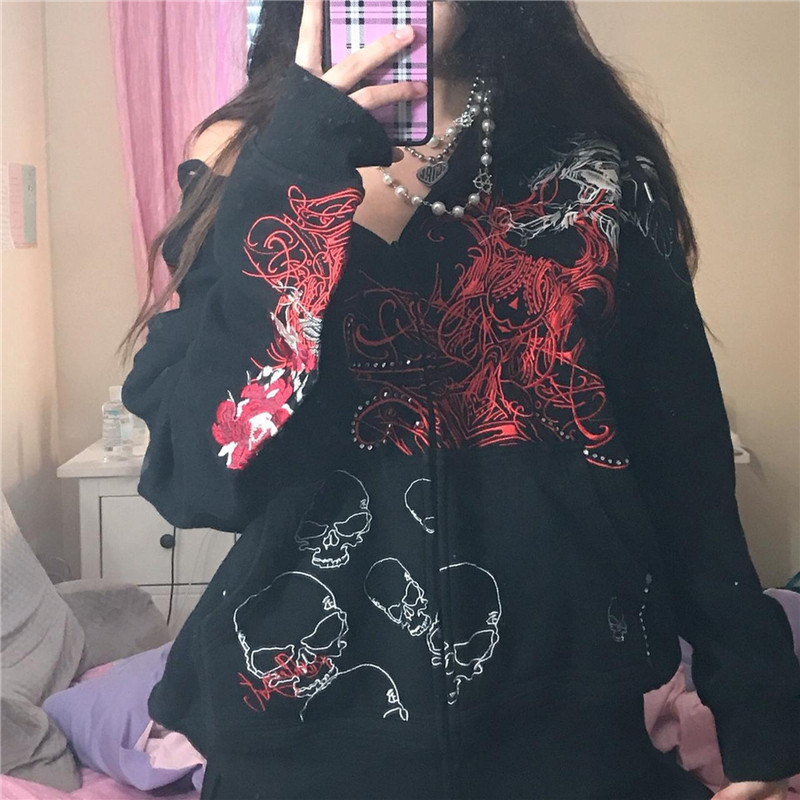 Gothic Sweatshirt Ženska majica s kapuljačom iz 2000-ih, vilinski grunge s printom lubanje, Majice s kapuljačom dugih rukava y2k Estetska majica s kapuljačom Oversize Odjeća Ulična odjeća