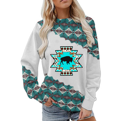 Γυναικείες φούτερ με λαιμόκοψη με γεωμετρικό εμπριμέ συνονθύλευμα μακρυμάνικο casual έθνικ λαϊκό πουλόβερ Γυναικεία μπλούζα μπλούζα Sudadera Mujer