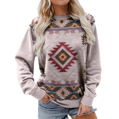 Γυναικείες φούτερ με λαιμόκοψη με γεωμετρικό εμπριμέ συνονθύλευμα μακρυμάνικο casual έθνικ λαϊκό πουλόβερ Γυναικεία μπλούζα μπλούζα Sudadera Mujer
