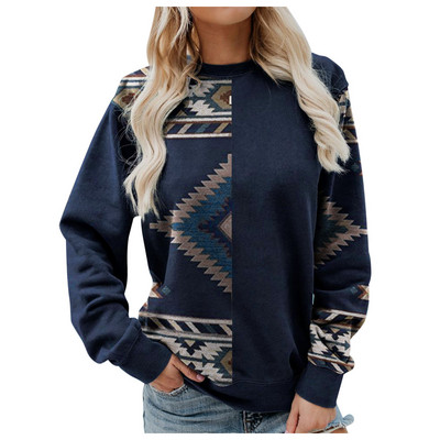 Γυναικείες φούτερ με λαιμόκοψη με γεωμετρικό εμπριμέ συνονθύλευμα μακρυμάνικο casual έθνικ λαϊκό πουλόβερ Γυναικεία μπλούζα μπλούζα Sudadera Mujer