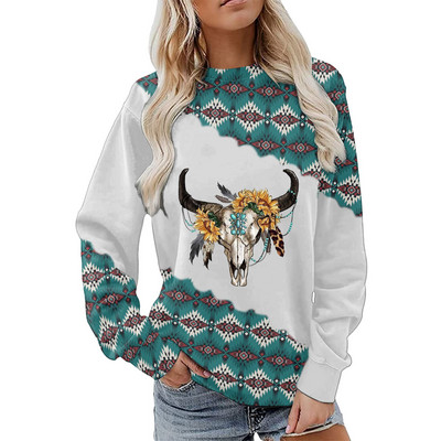 Γυναικείες φούτερ με λαιμόκοψη με γεωμετρικό εμπριμέ συνονθύλευμα μακρυμάνικο casual έθνικ λαϊκό πουλόβερ Γυναικεία μπλούζα μπλούζα Sudadera Mujer