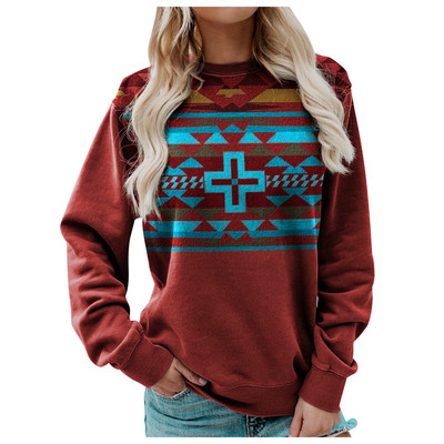 Γυναικείες φούτερ με λαιμόκοψη με γεωμετρικό εμπριμέ συνονθύλευμα μακρυμάνικο casual έθνικ λαϊκό πουλόβερ Γυναικεία μπλούζα μπλούζα Sudadera Mujer