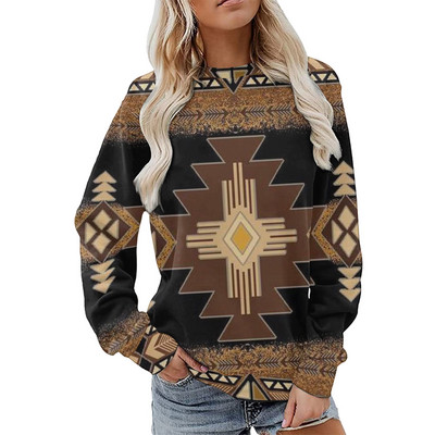 Γυναικείες φούτερ με λαιμόκοψη με γεωμετρικό εμπριμέ συνονθύλευμα μακρυμάνικο casual έθνικ λαϊκό πουλόβερ Γυναικεία μπλούζα μπλούζα Sudadera Mujer