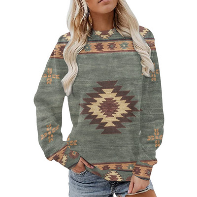 Γυναικείες φούτερ με λαιμόκοψη με γεωμετρικό εμπριμέ συνονθύλευμα μακρυμάνικο casual έθνικ λαϊκό πουλόβερ Γυναικεία μπλούζα μπλούζα Sudadera Mujer