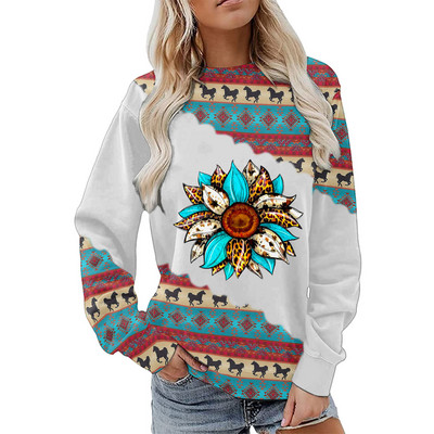 Γυναικείες φούτερ με λαιμόκοψη με γεωμετρικό εμπριμέ συνονθύλευμα μακρυμάνικο casual έθνικ λαϊκό πουλόβερ Γυναικεία μπλούζα μπλούζα Sudadera Mujer