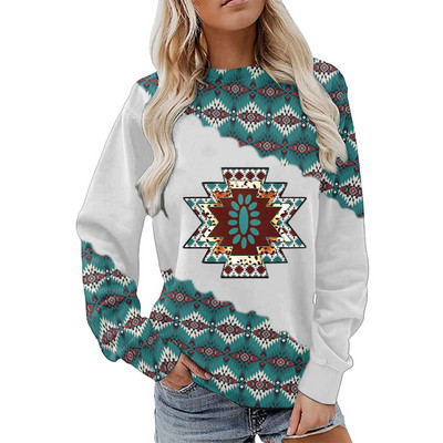 Γυναικείες φούτερ με λαιμόκοψη με γεωμετρικό εμπριμέ συνονθύλευμα μακρυμάνικο casual έθνικ λαϊκό πουλόβερ Γυναικεία μπλούζα μπλούζα Sudadera Mujer