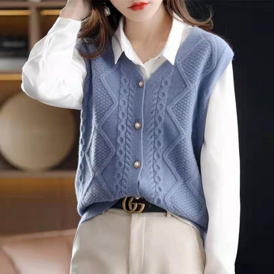 2023 Άνοιξη Φθινόπωρο Νέα Μονόχρωμη Μόδα με λαιμόκοψη V Αμάνικη Ζακέτα Πλεκτής Γυναικεία Casual Loose, Κομψό Κουμπί, ρεζερβουάρ παντός αντιστοιχίας
