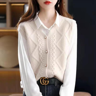 2023 Άνοιξη Φθινόπωρο Νέα Μονόχρωμη Μόδα με λαιμόκοψη V Αμάνικη Ζακέτα Πλεκτής Γυναικεία Casual Loose, Κομψό Κουμπί, ρεζερβουάρ παντός αντιστοιχίας