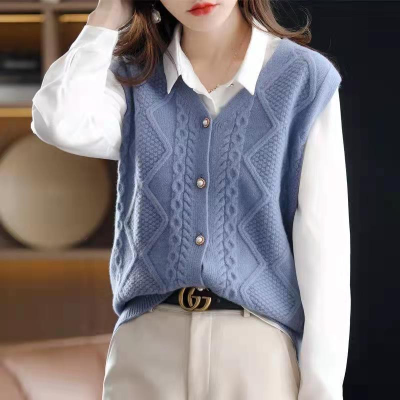 2023 Άνοιξη Φθινόπωρο Νέα Μονόχρωμη Μόδα με λαιμόκοψη V Αμάνικη Ζακέτα Πλεκτής Γυναικεία Casual Loose, Κομψό Κουμπί, ρεζερβουάρ παντός αντιστοιχίας
