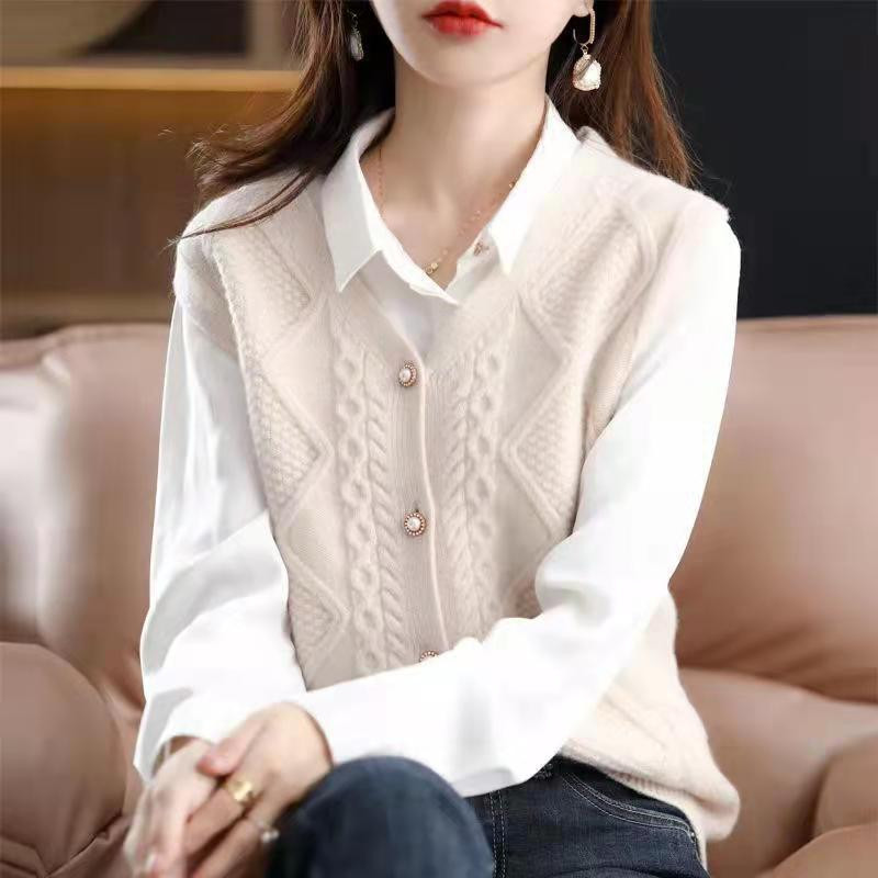 2023 Άνοιξη Φθινόπωρο Νέα Μονόχρωμη Μόδα με λαιμόκοψη V Αμάνικη Ζακέτα Πλεκτής Γυναικεία Casual Loose, Κομψό Κουμπί, ρεζερβουάρ παντός αντιστοιχίας
