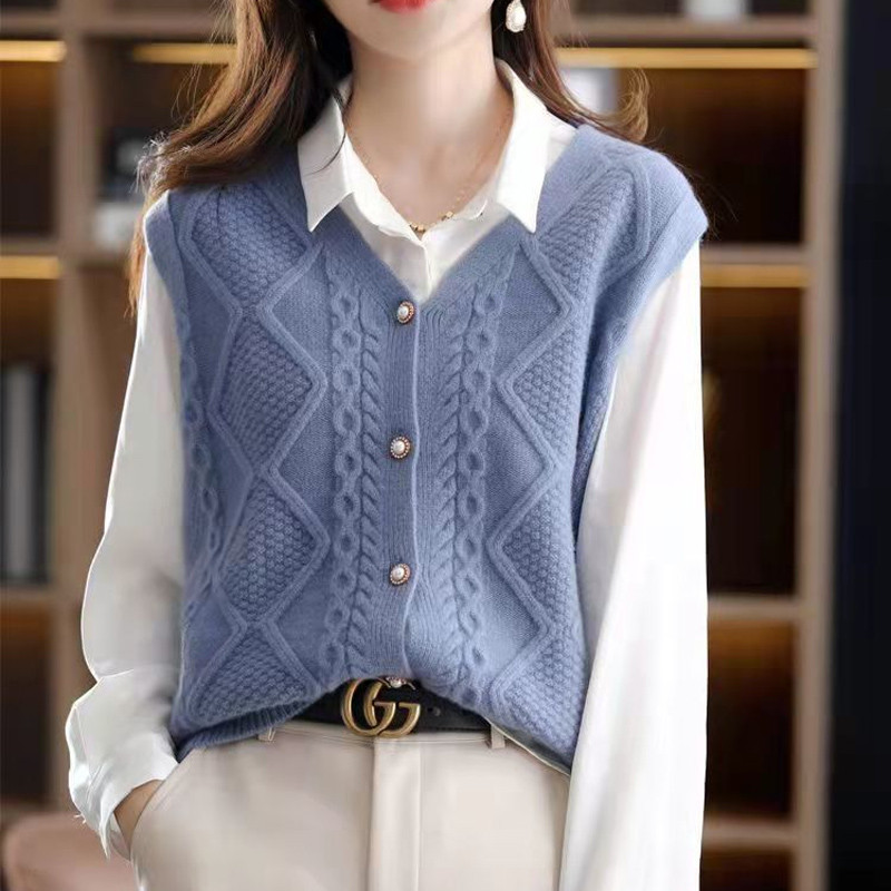 2023 Άνοιξη Φθινόπωρο Νέα Μονόχρωμη Μόδα με λαιμόκοψη V Αμάνικη Ζακέτα Πλεκτής Γυναικεία Casual Loose, Κομψό Κουμπί, ρεζερβουάρ παντός αντιστοιχίας