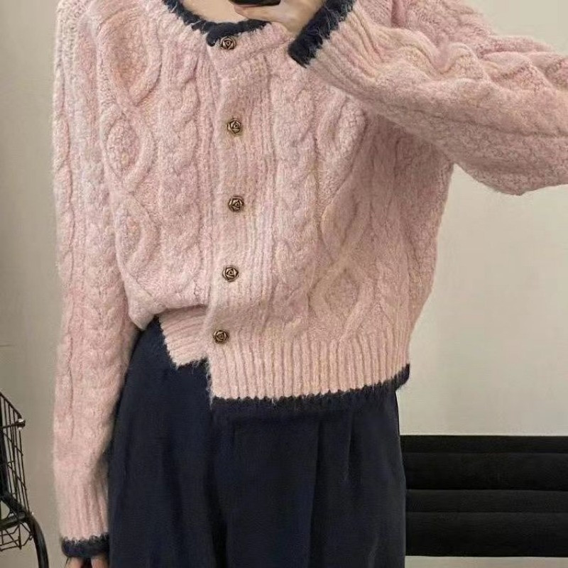 Deeptown Κορεάτικο ροζ πουλόβερ Γυναικείο φθινοπωρινό μακρυμάνικο πλεκτό Ζακέτα Old Money Vintage Χαλαρά Πλεκτά Γυναικεία αισθητική